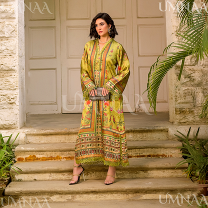 UA-160 Printed Silk kaftan Style long Maxi 1 PC  | Ready to wear | Umnaa