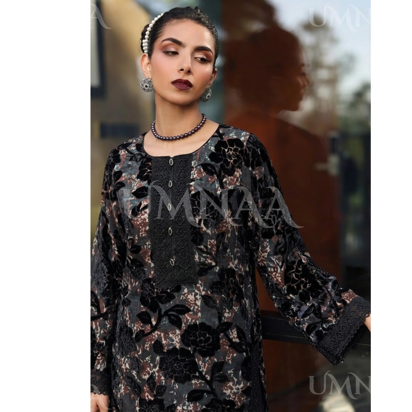 UA-175 Festive Palachi Velvet Dress with Chiffon Dupatta 3 Pc Collection by Umnaa