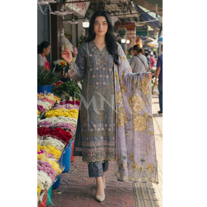 UB-01 3 Pc Embroidered Linen Dress With Cotton Silk Printed Dupatta  By UB