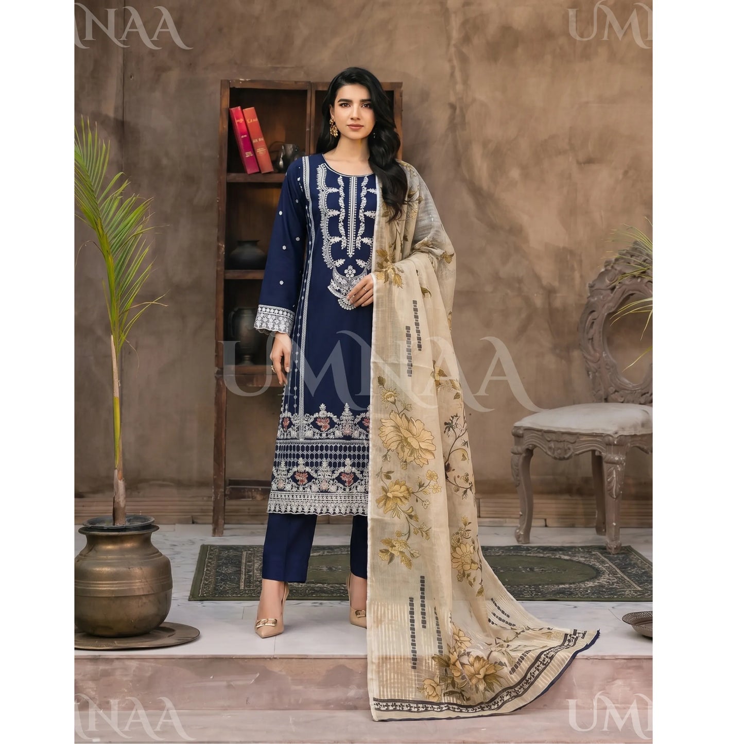 UB-03 3 Pc Embroidered Linen Dress With Cotton Silk Printed Dupatta  By UB