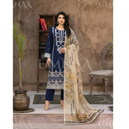 UB-03 3 Pc Embroidered Linen Dress With Cotton Silk Printed Dupatta  By UB