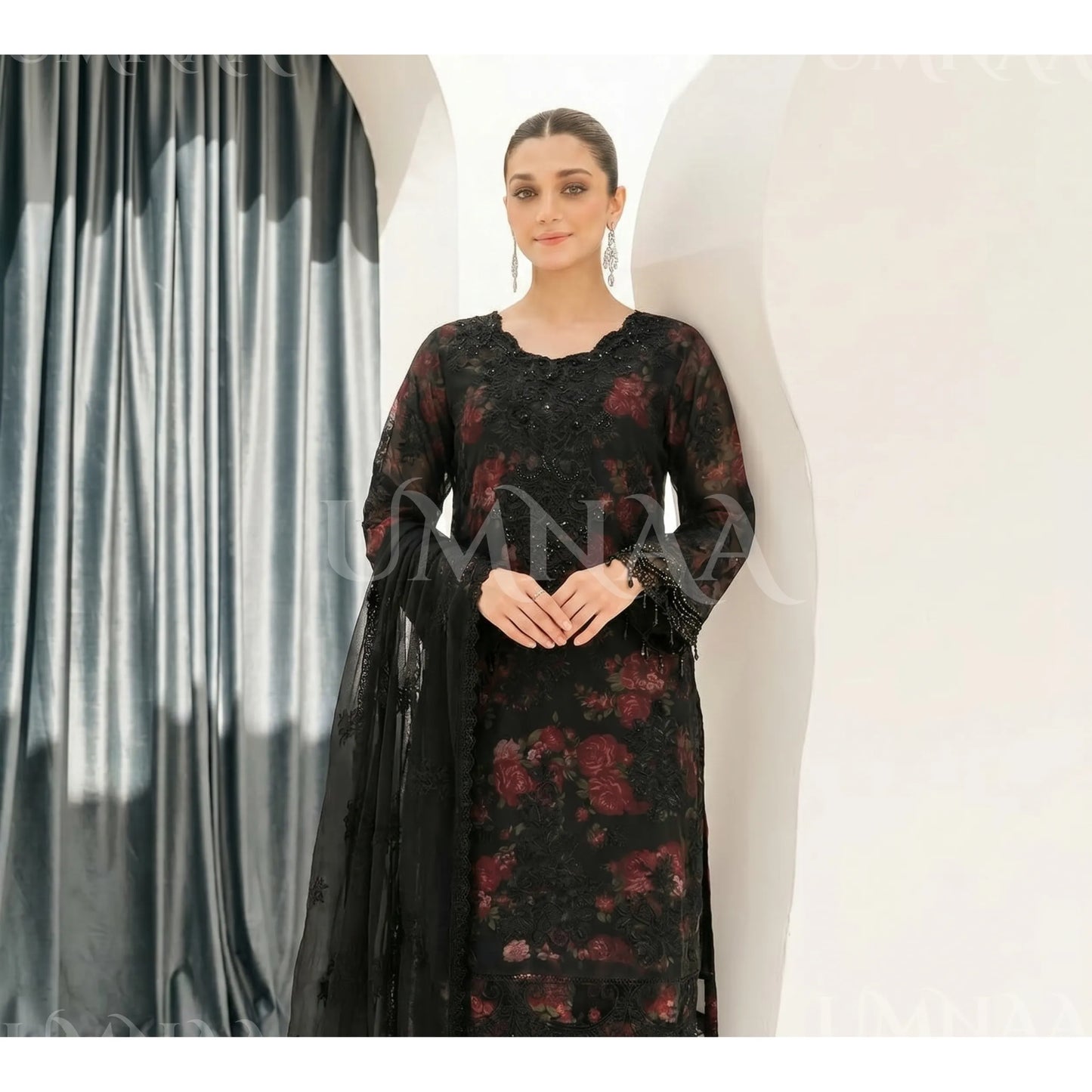UA-184 Embroidered Chiffon 3-Piece with Printed Lining & Trouser