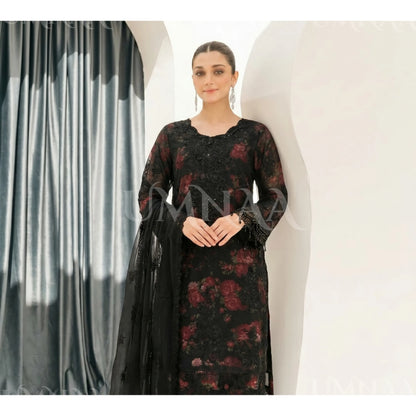 UA-184 Embroidered Chiffon 3-Piece with Printed Lining & Trouser