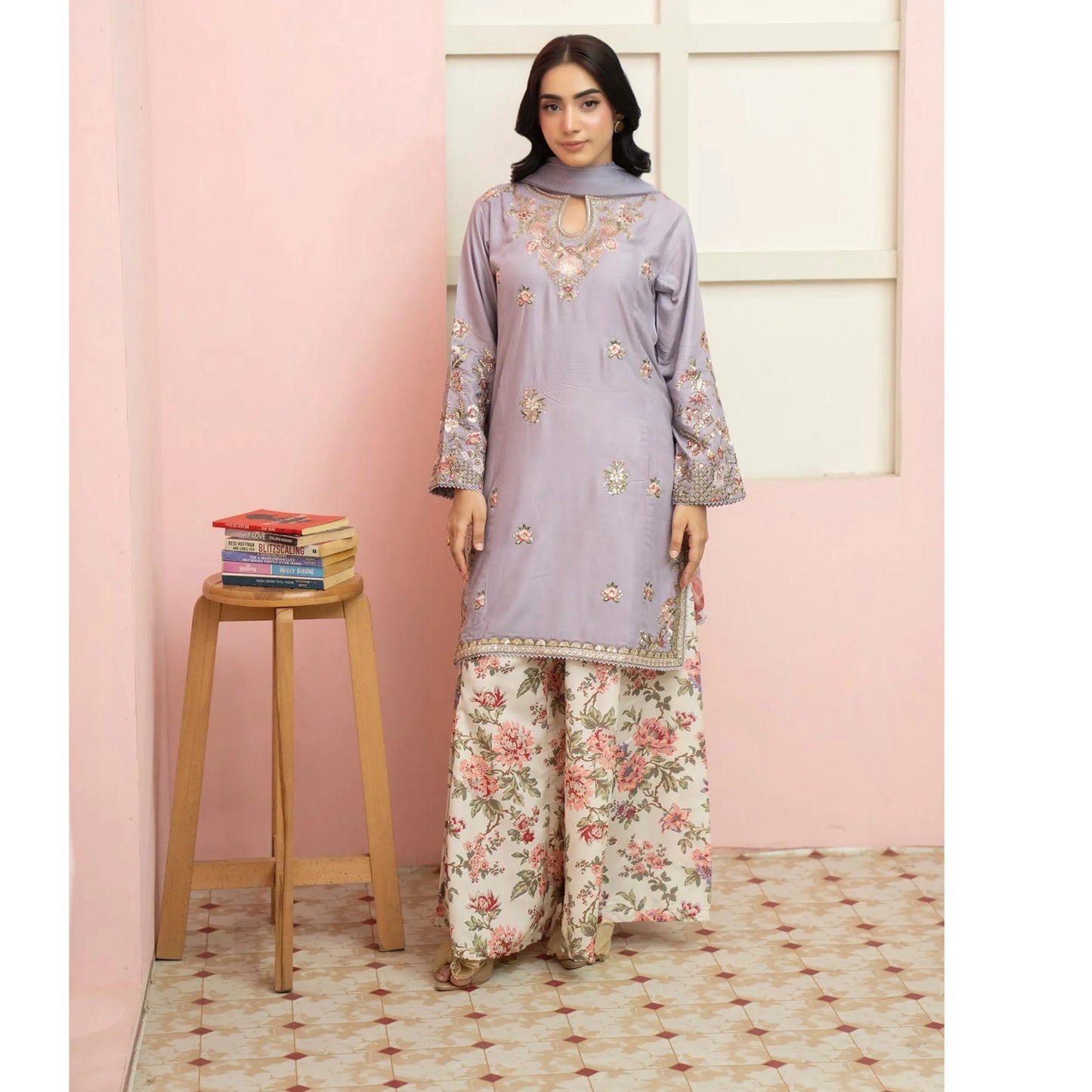 UMRZ-60 Maharani Festive Embroidered Linen with printed Sharara collection by Rangz | Ready to Wear Pakistani Asian clothes