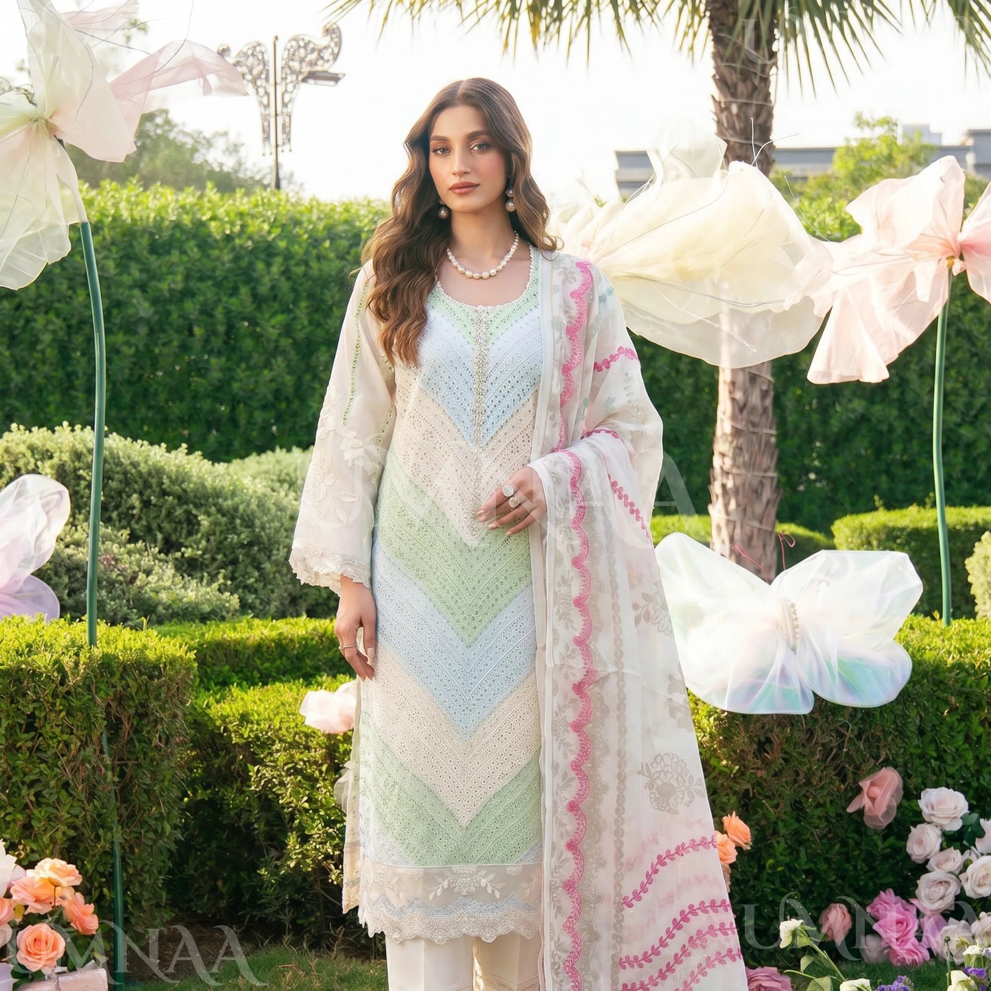 UA-208 Embroidered Chikenkari Cambric Cotton Pastel Festive Collection by Umnaa - Ready to Wear Pakistani Asian clothes