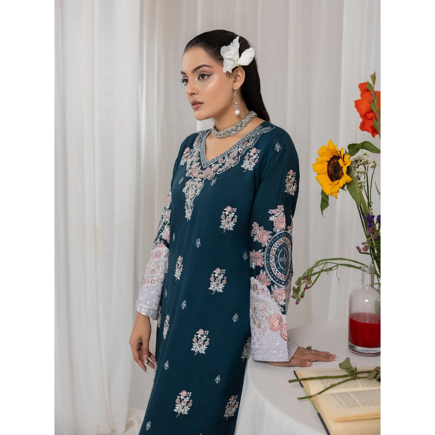 UTT-23 Embroidered Viscose Linen Kaftan Style 2 Piece Co Ord Set Collection by Traditional Thread