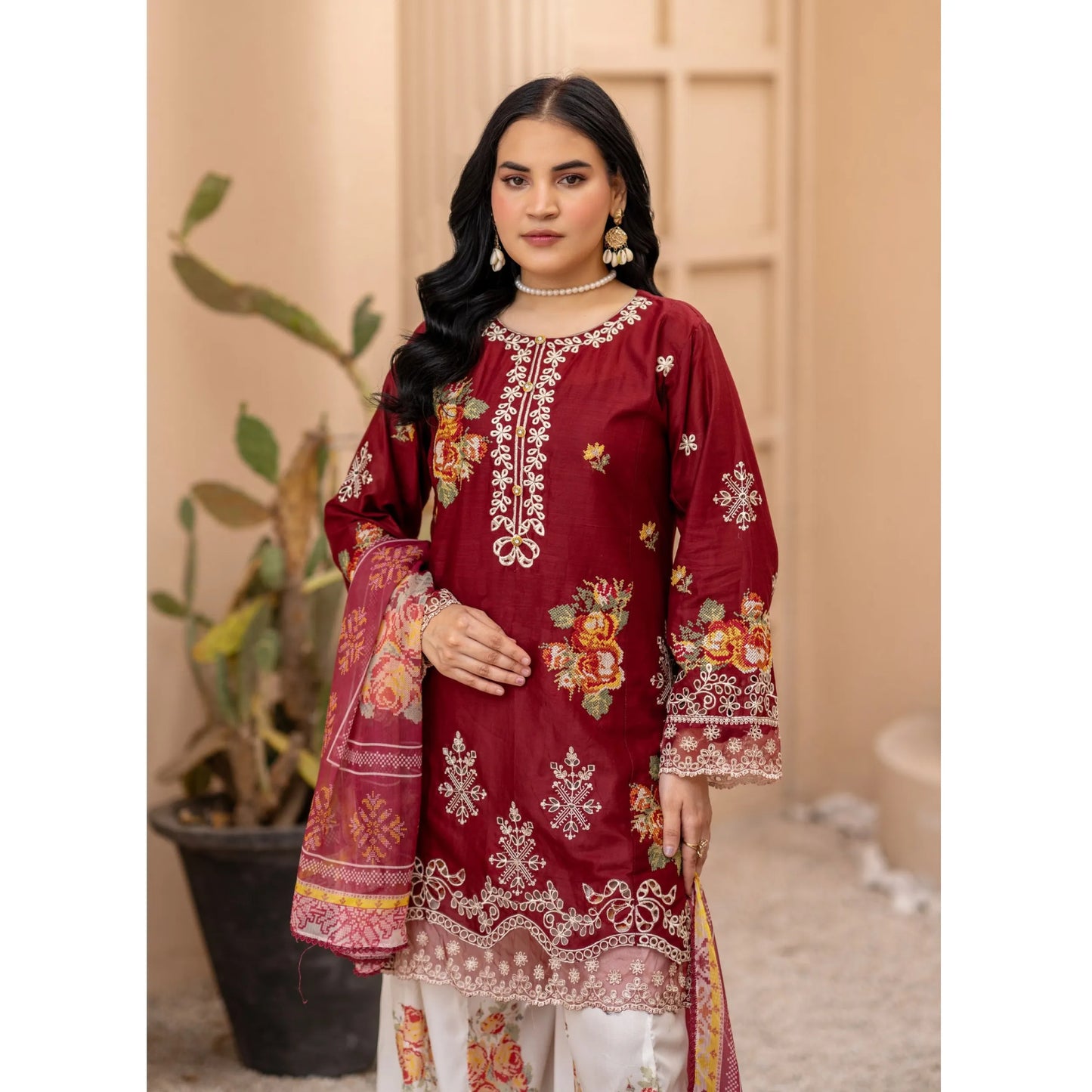 UMRZ-62 "Crimsons" by Rangz Embroidered Cotton with poly Lawn Sharara Festive collection| Ready to Wear Pakistani Asian clothes