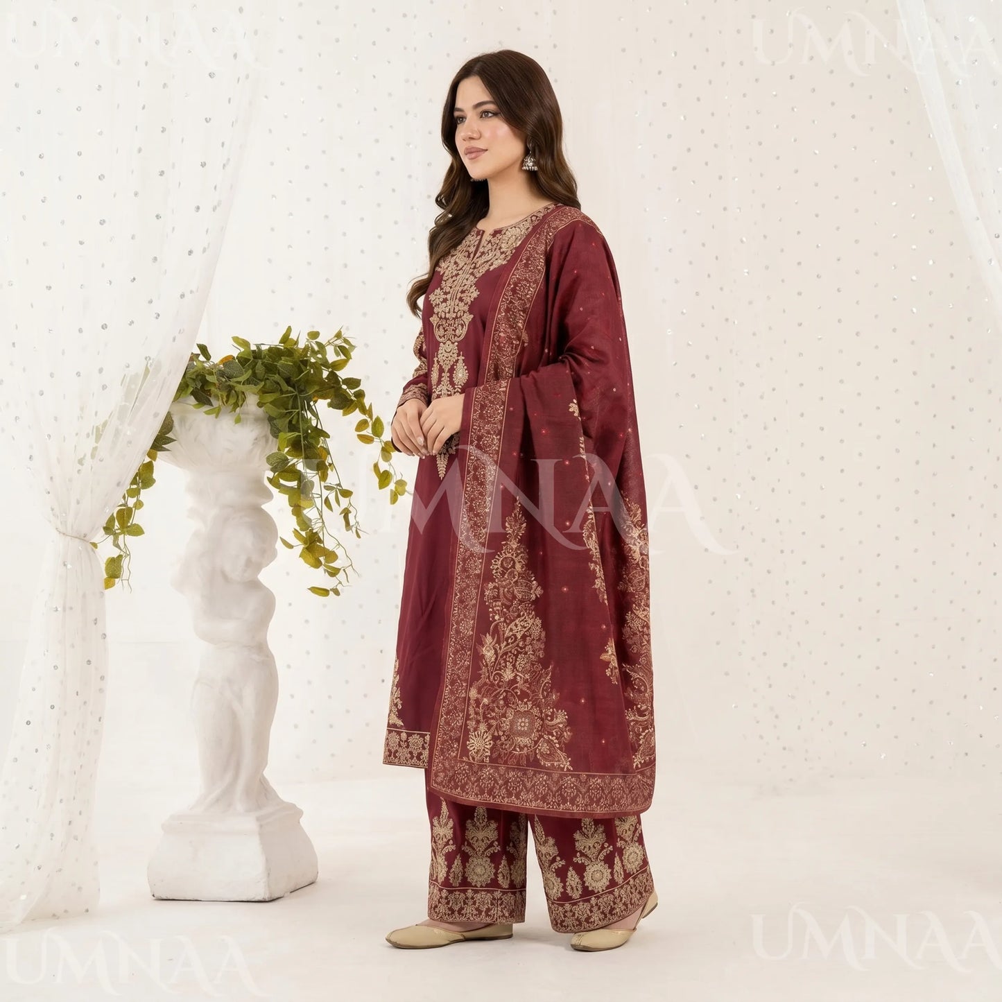 UA-222 Embroidered Cotton Ready to Wear Collection Pakistani Asian Women | 3 Piece Shirt Trouser Duppata by Umnaa