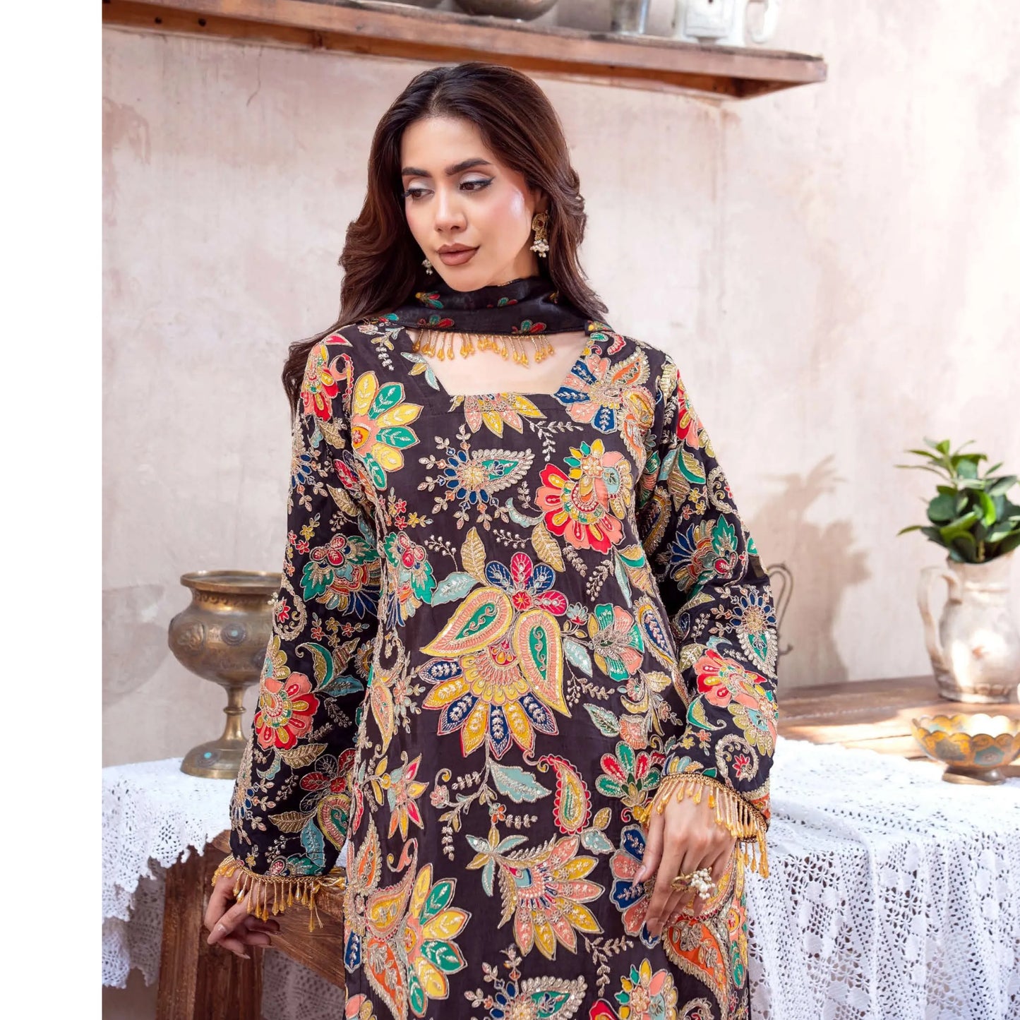 UA-225 Trendy Indian Armani Silk 3 Piece Suit by Umnaa | Embroidered Kameez with Shamoos Silk Shararah & Apple Silk Dupatta | Festive & Party Wear