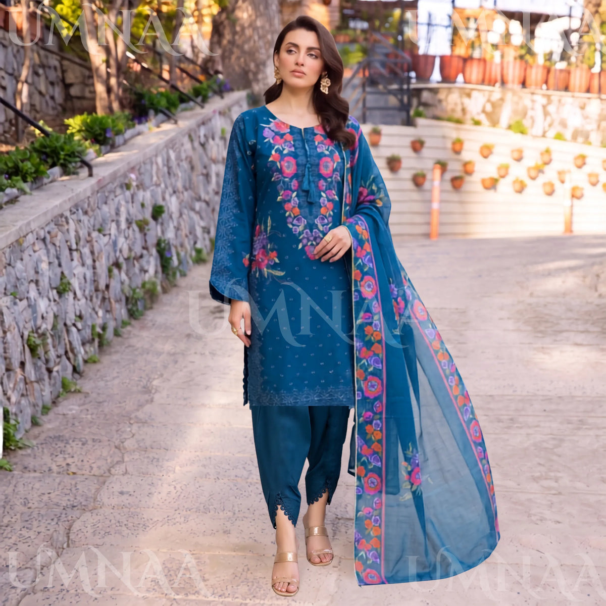 UA-270 Embroidered Cambric Cotton with Tulip Style Shalwar | Umnaa