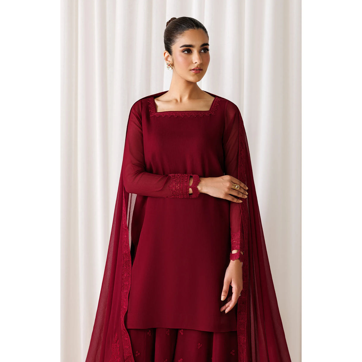 UA-230 Chiffon Sharara Full Sleeves Lined 3 Piece Suit | Chiffon Shirt with Embroidered Sharara & Dupatta | Formal Party Wear