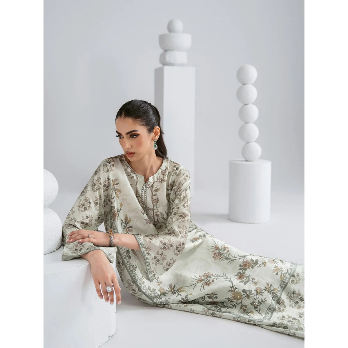 UAL-08 Printed Silk Kaftan with Trouser 2 Pc Set | Ally's