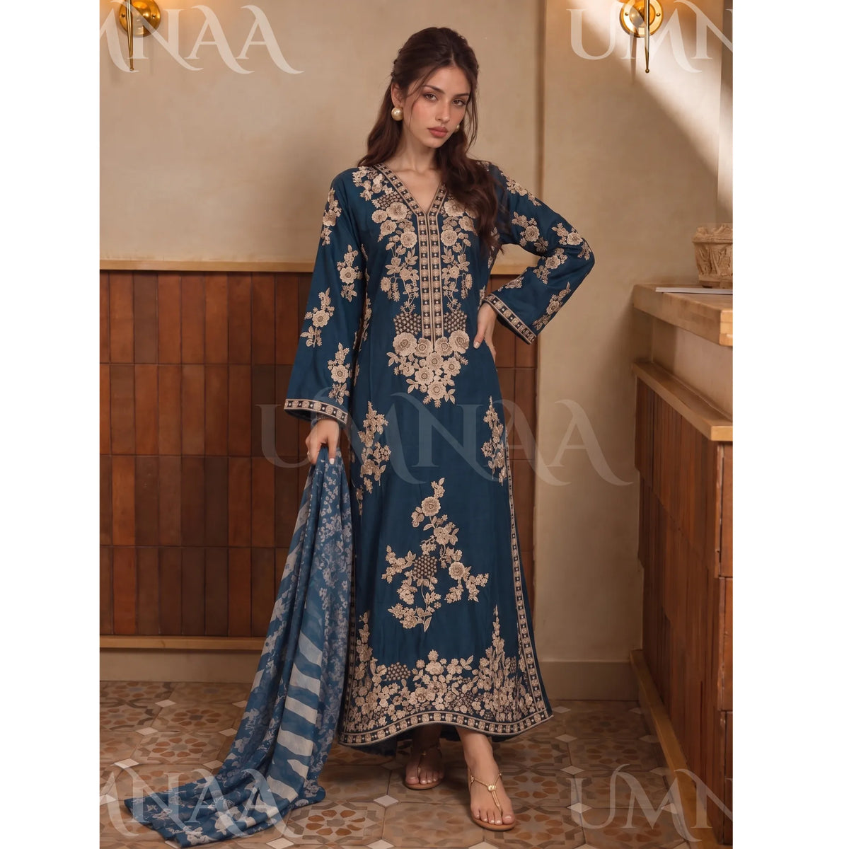 UA-317 Luxury Linen Kaftan Style 3 Pc | Umnaa