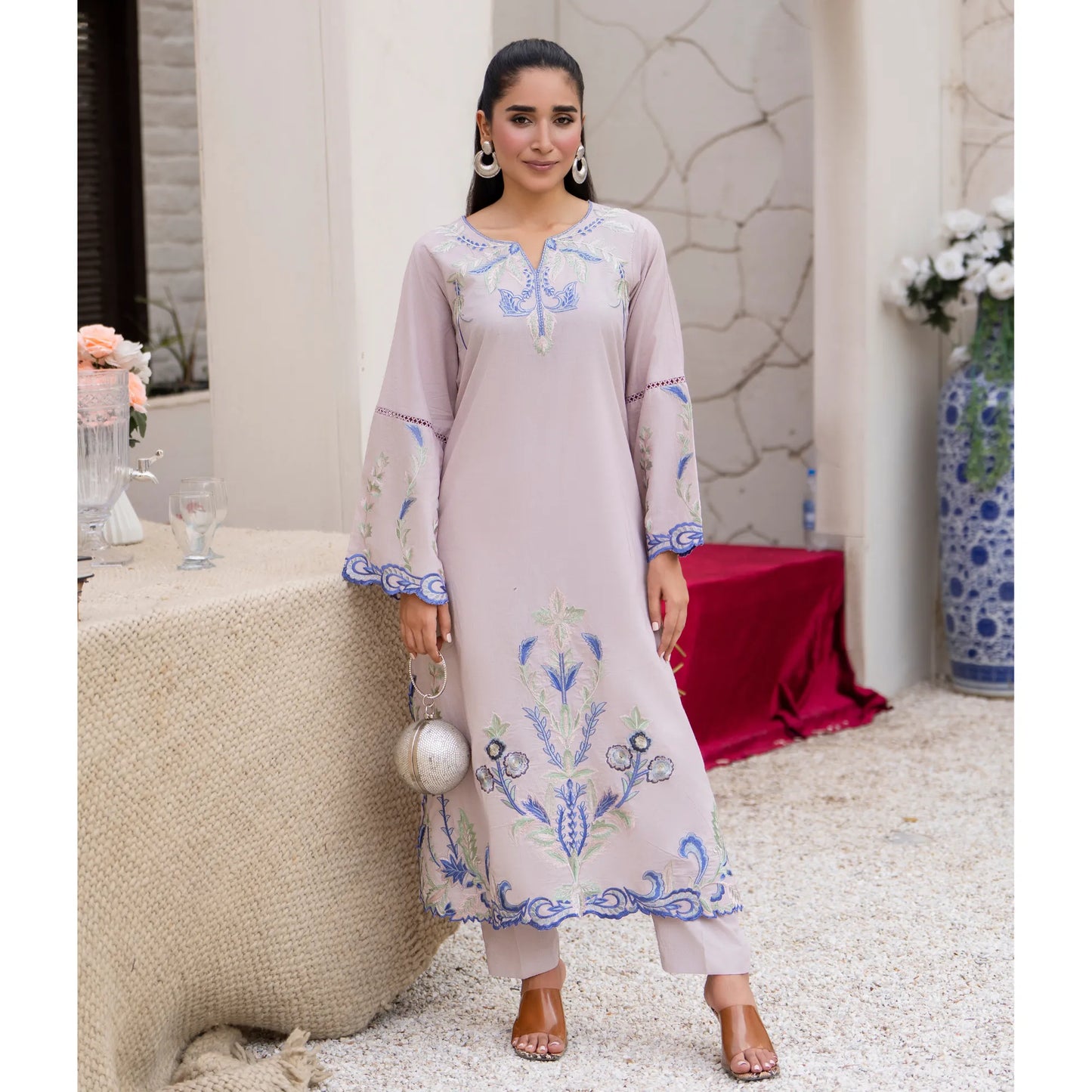 UA-247 Embroidered Cambric Cotton Kaftan Style Co-Ord Set Asian Wear | Umnaa