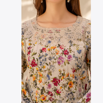 Multi floral Print Cotrai dhanak with pasmina wool shawl 3 Pc - Karma Collection | UMKC0601