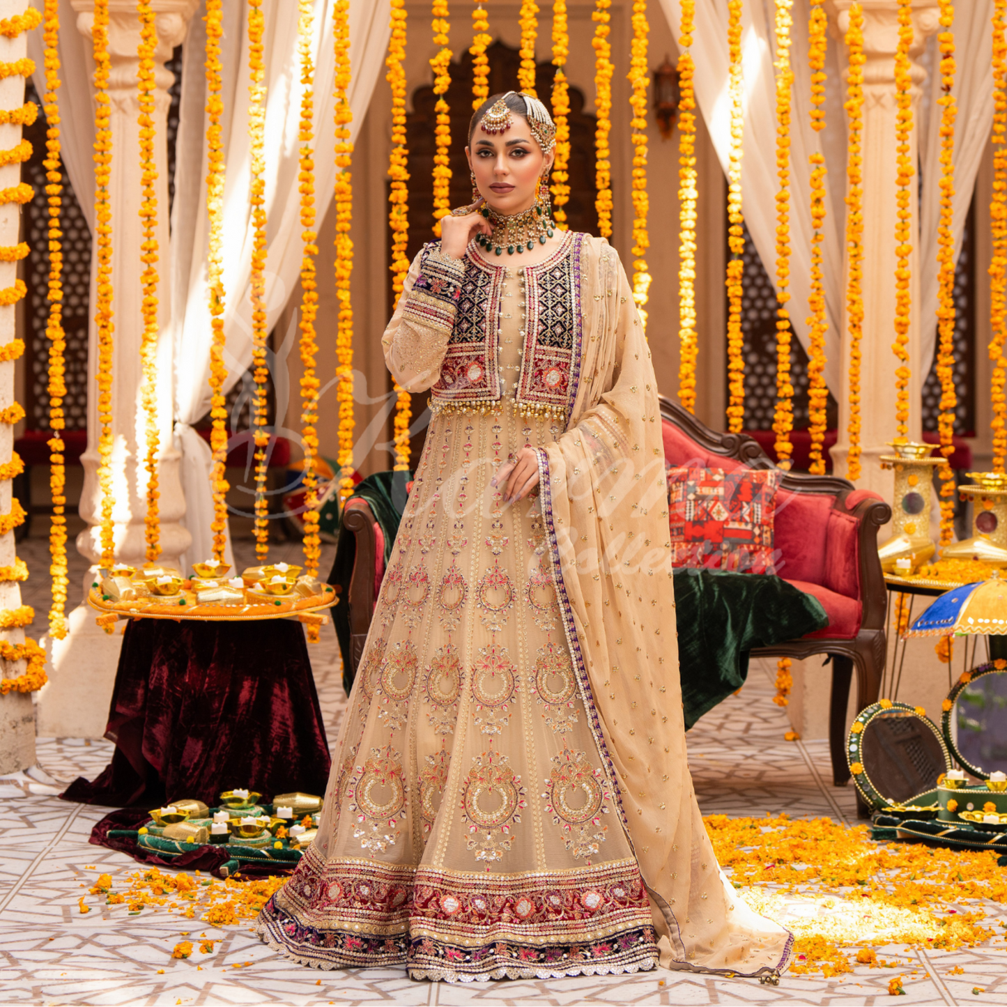 Luxury Embroidered  chiffon long Maxi with velvet jacket | Wedding Collection | karma Collection | UMKC01401
