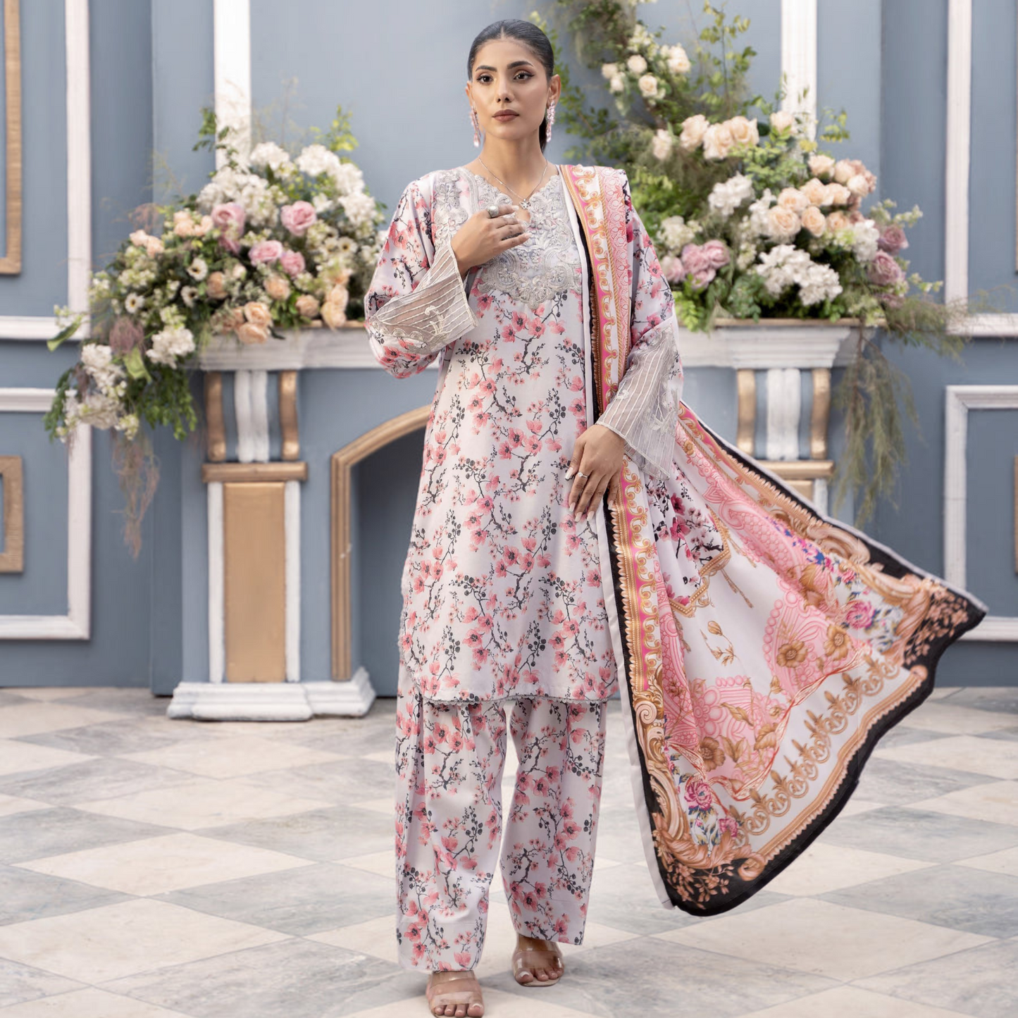 (Multi) Embroidered Printed Dhanak Dress with Dhanak Shawl | Winter Collection | Raniya.h