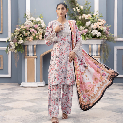 (Multi) Embroidered Printed Dhanak Dress with Dhanak Shawl | Winter Collection | Raniya.h