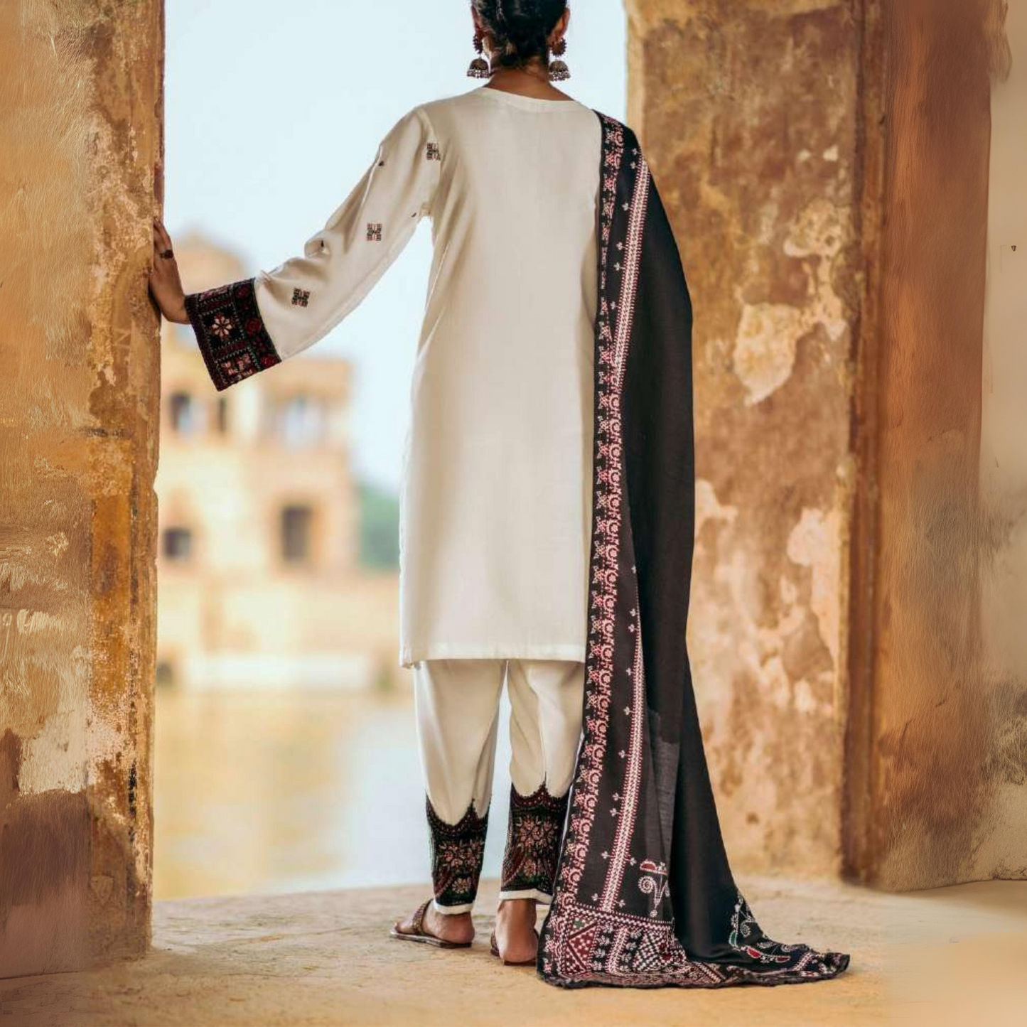 (Off White) 3 Piece Embroidered Dhanak Ready to Wear Collection by Casuallite | UMCAE0603