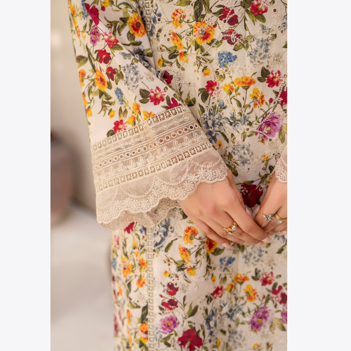 Multi floral Print Cotrai dhanak with pasmina wool shawl 3 Pc - Karma Collection | UMKC0601