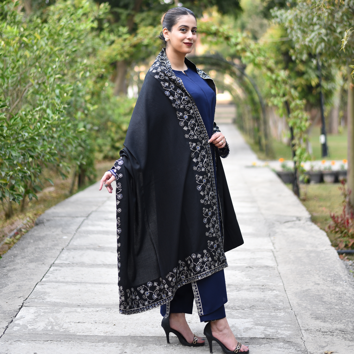 UA-29 3 Pc Embroidered Dhanak Dress with Embroidered Dhanak Shawl Pakistani Dress | UMNAA
