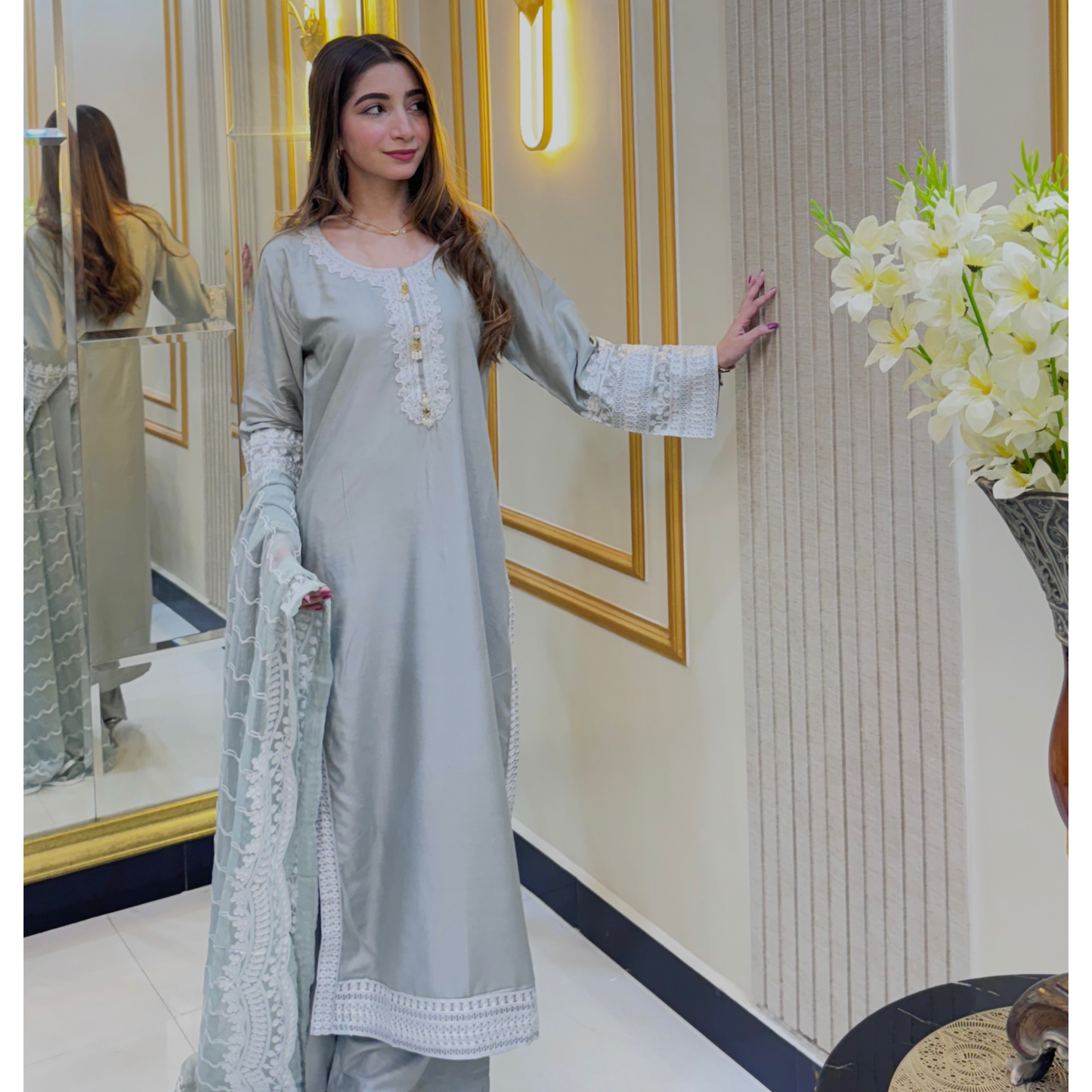 UA-47 Embroidered Linen with Chiffon Duppata Pc Dress | Ready to wear | UMNAA