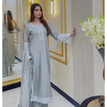 UA-47 Embroidered Linen with Chiffon Duppata Pc Dress | Ready to wear | UMNAA