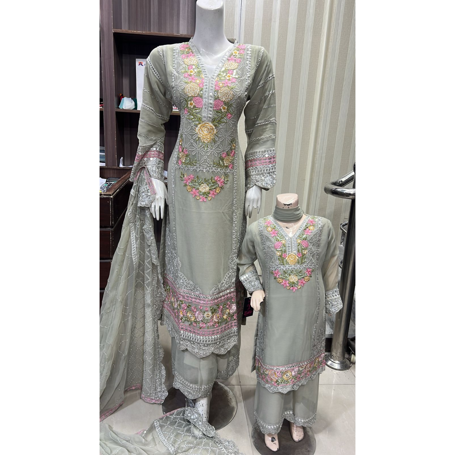 UA-52 3 Pc Luxury mother daughter Embroidered Chiffon Collection- Umnaa