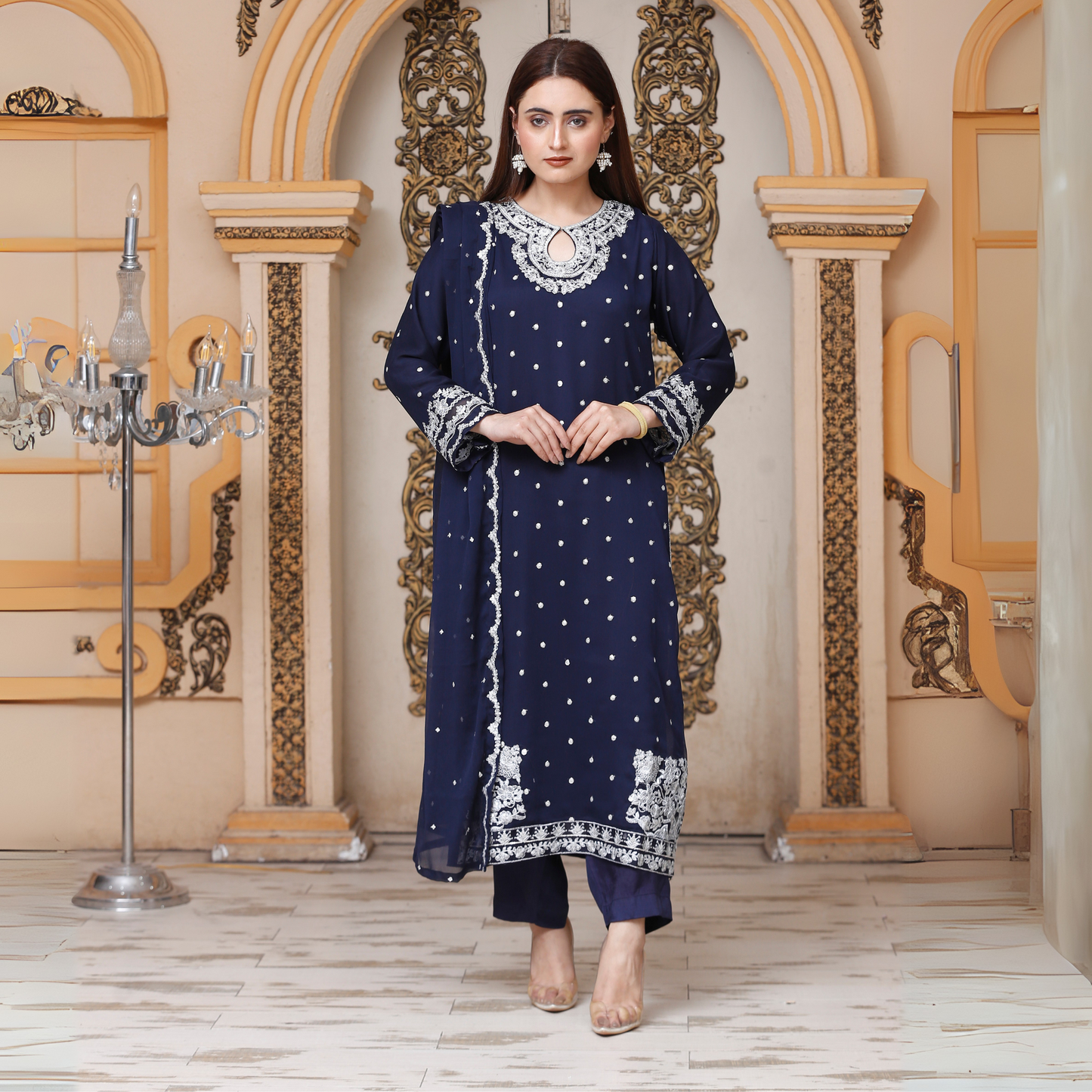UA-54 3Pc Luxury Embroidered Chiffon Dress with Chiffon Dupatta 3 Pc |Ready to Wear| Umnaa