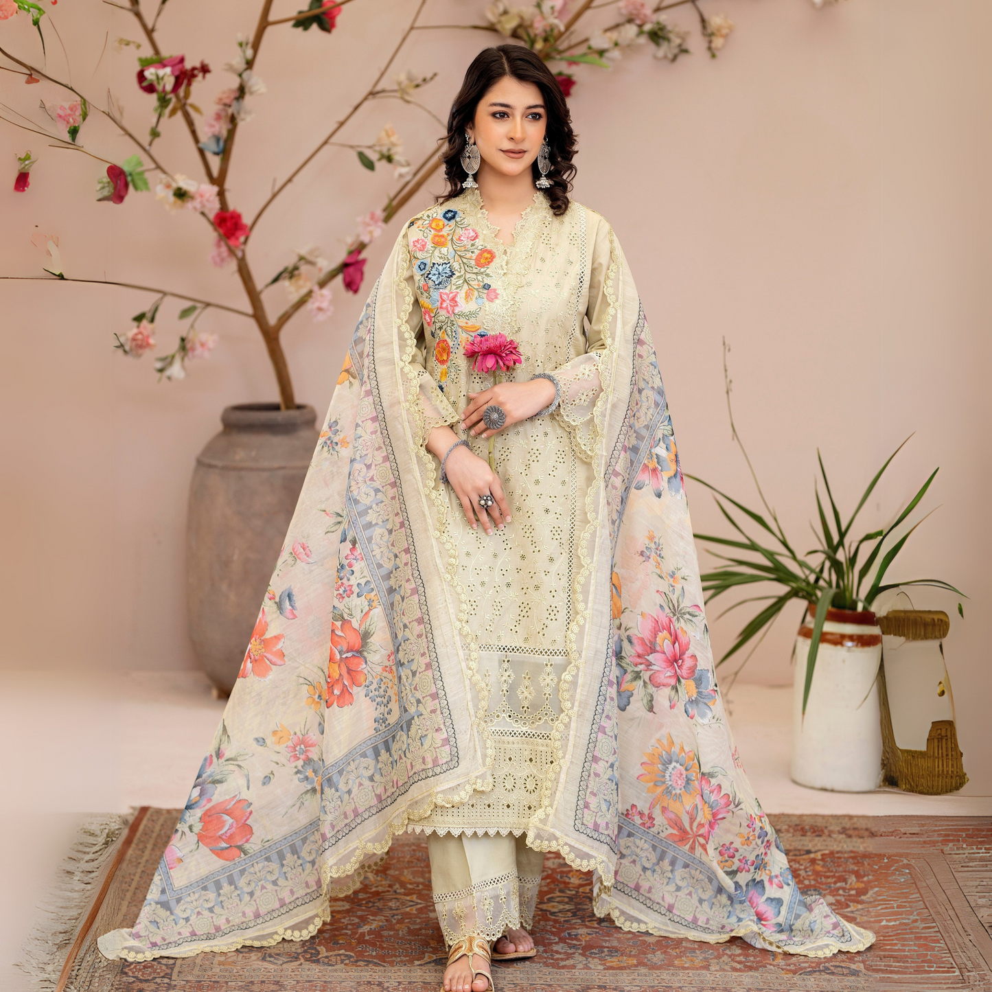 UKC-27 Embroidered Cambric Cotton Ready to Wear 3 Pc - Karma Collection
