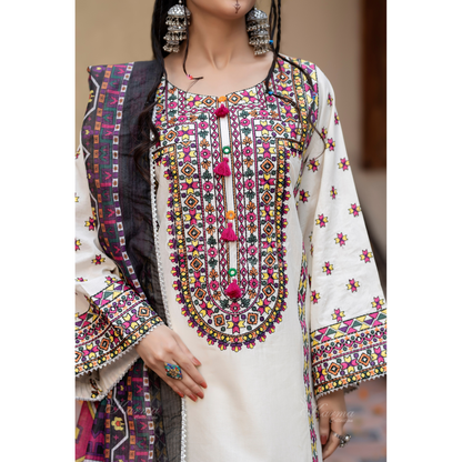 KC-1433 Embroidered Cambric Cotton Farshi Shalwar Kameez Ready to Wear 3 Pc - Karma Collection