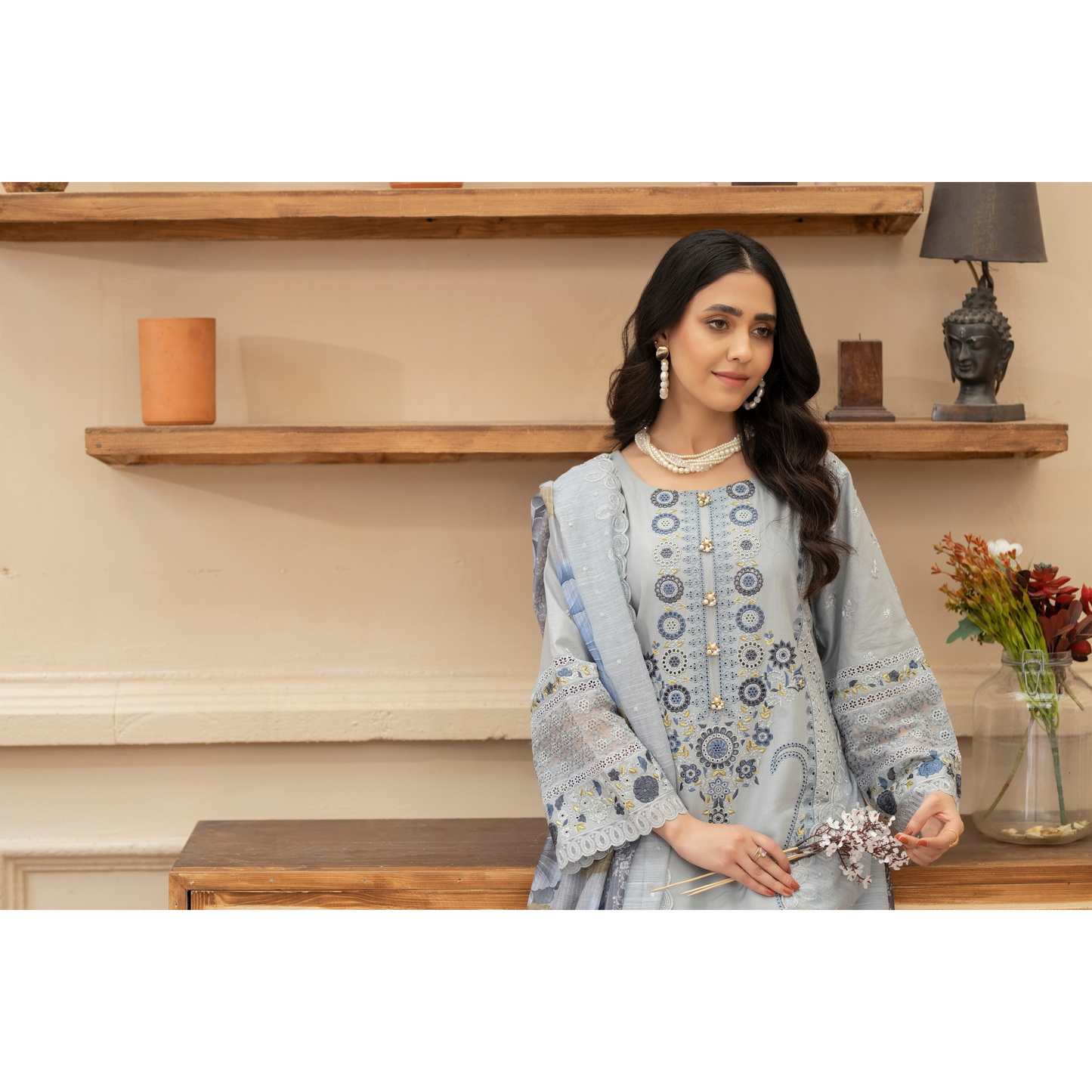 KC-1434 Embroidered Chikenkari Cambric Cotton Dress Ready to Wear 3 Pc - Karma Collection