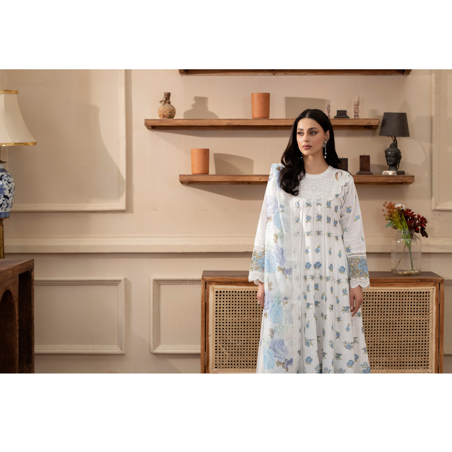 KC-1436 Embroidered Cambric Cotton long Frock Dress Ready to Wear 3 Pc - Karma Collection