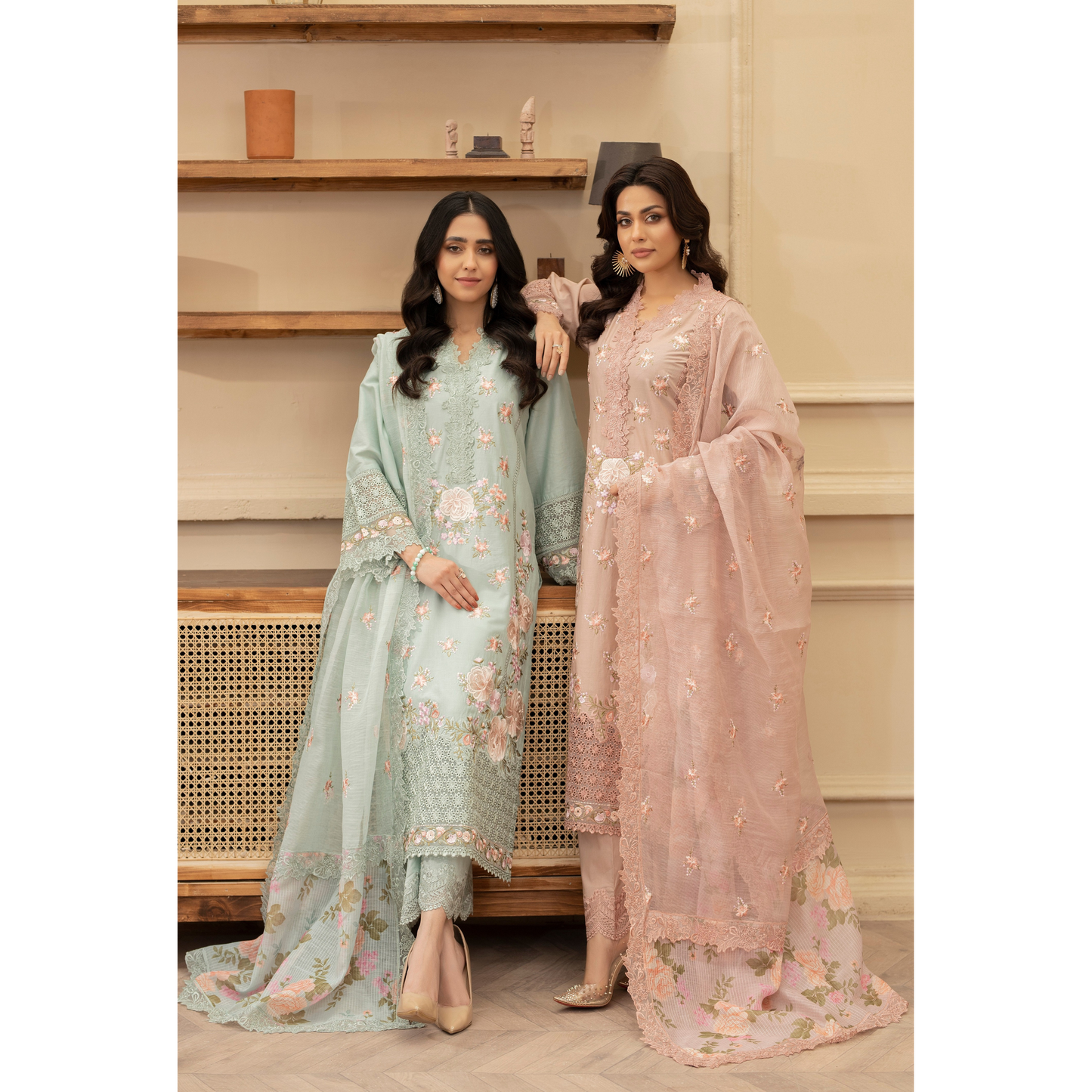 KC-1437 Embroidered Cambric Cotton long Frock Dress Ready to Wear 3 Pc - Karma Collection