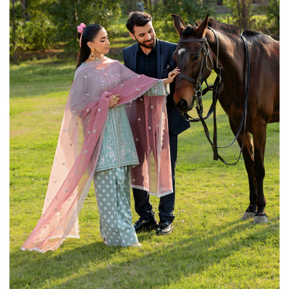 UHE-52 (Light pistachio) 3 Pc Embroidered Cambric Cotton trending Farshi Shalwar ready to wear Dress | Summer Wear | Heera's