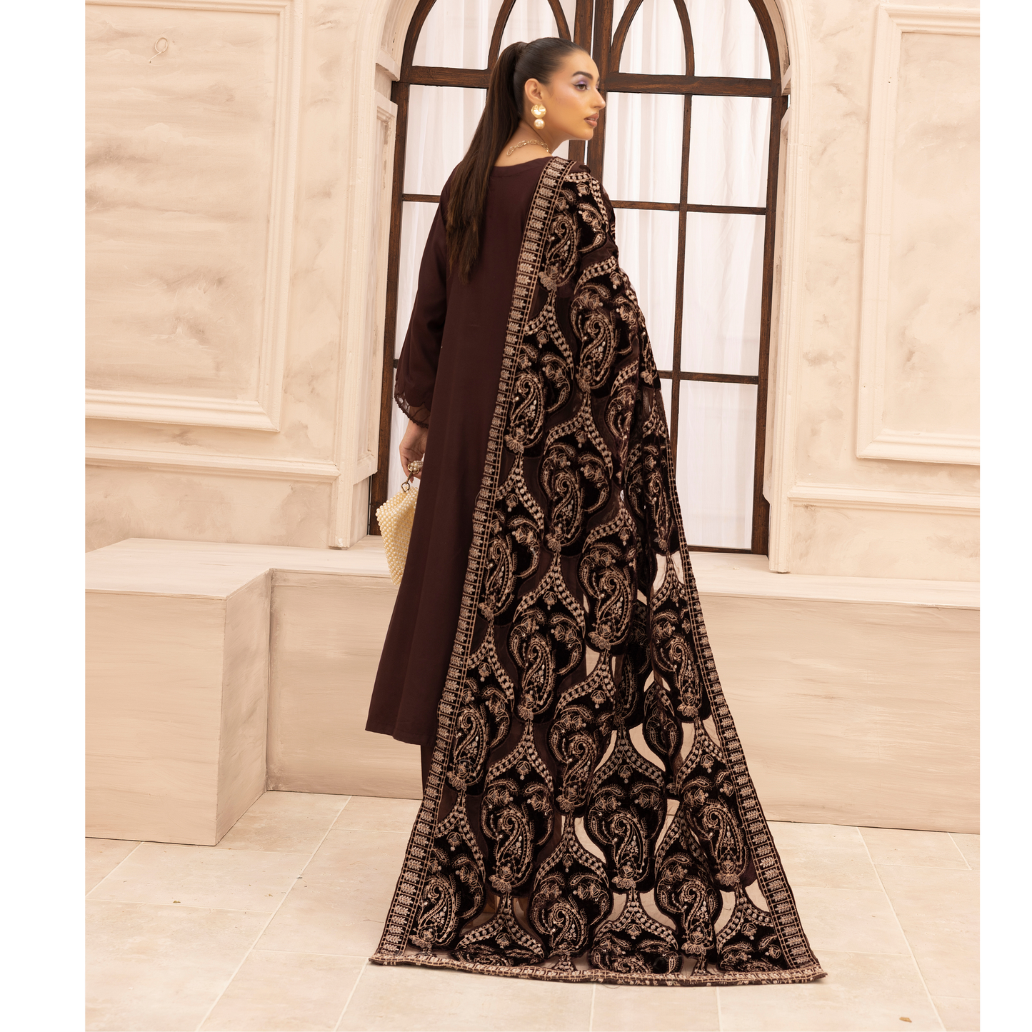 UMS-37 Hanna by Simrans Embroidered Dhanak Dress with Winter Laser Cut Shawl | Ready to Wear | Asian Clothes