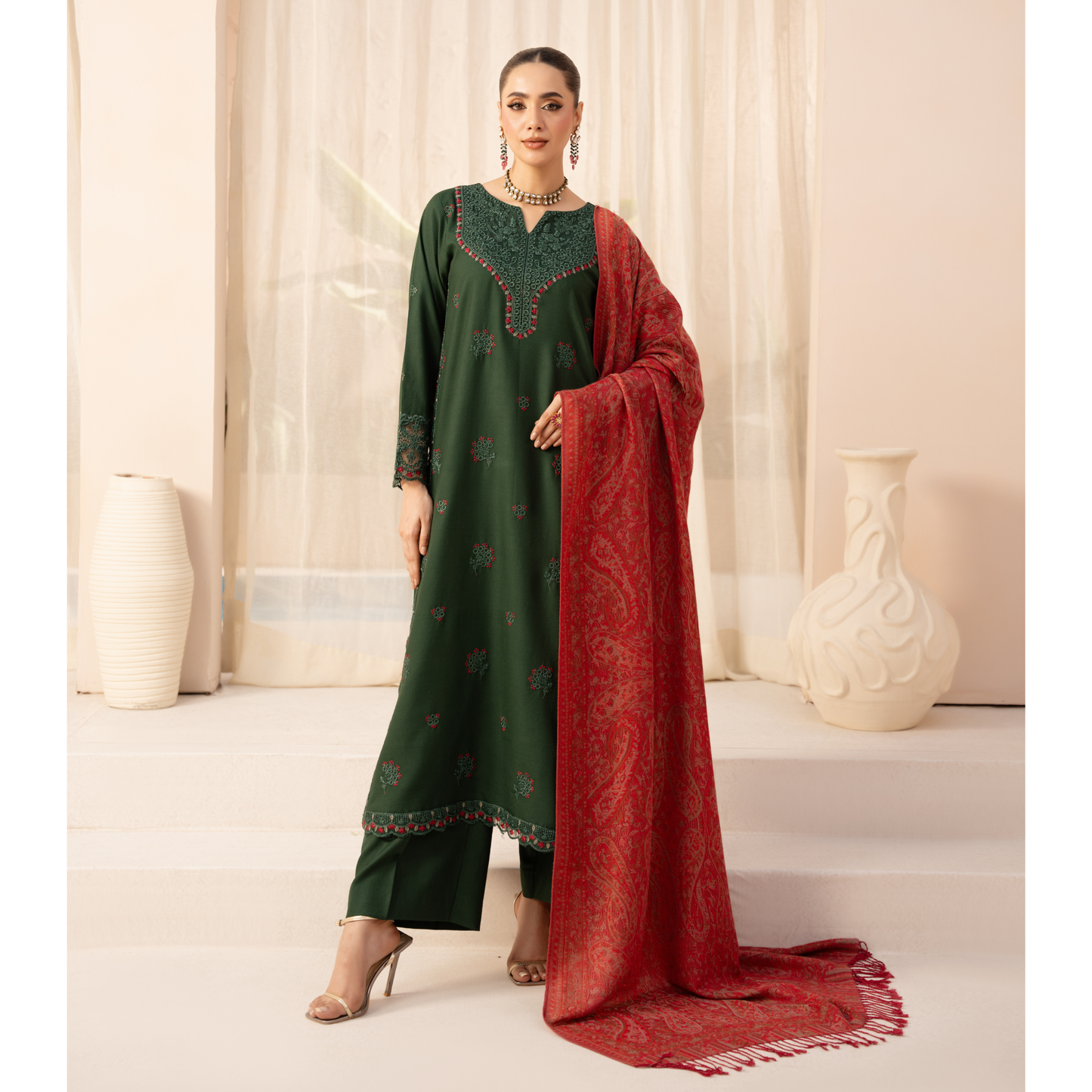 UA-140 Embroidered Dhanak Dress with Pashmina Shawl | Ready to Wear | Asian Clothes