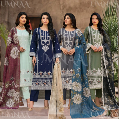 UB-03 3 Pc Embroidered Linen Dress With Cotton Silk Printed Dupatta  By UB