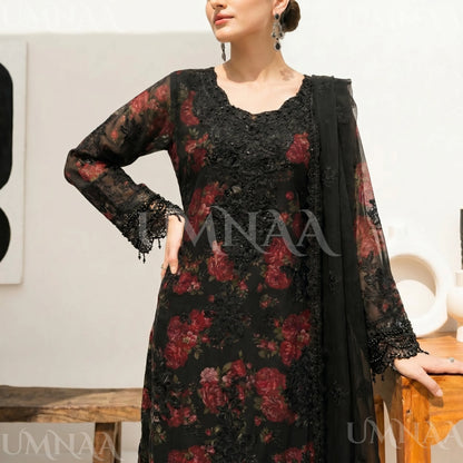 UA-184 Embroidered Chiffon 3-Piece with Printed Lining & Trouser