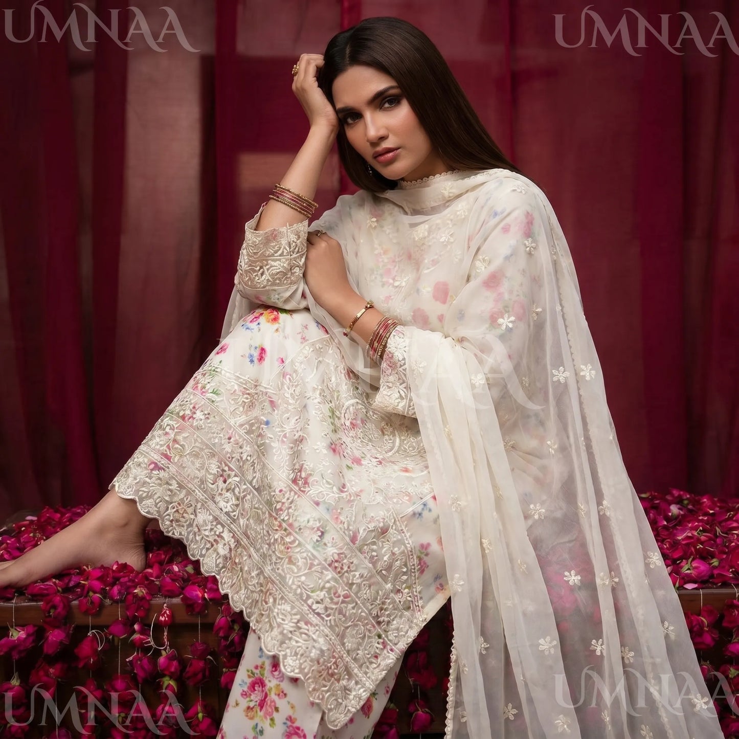 UA-205 Embroidered Chiffon 3-Piece with Printed Lining & Trouser