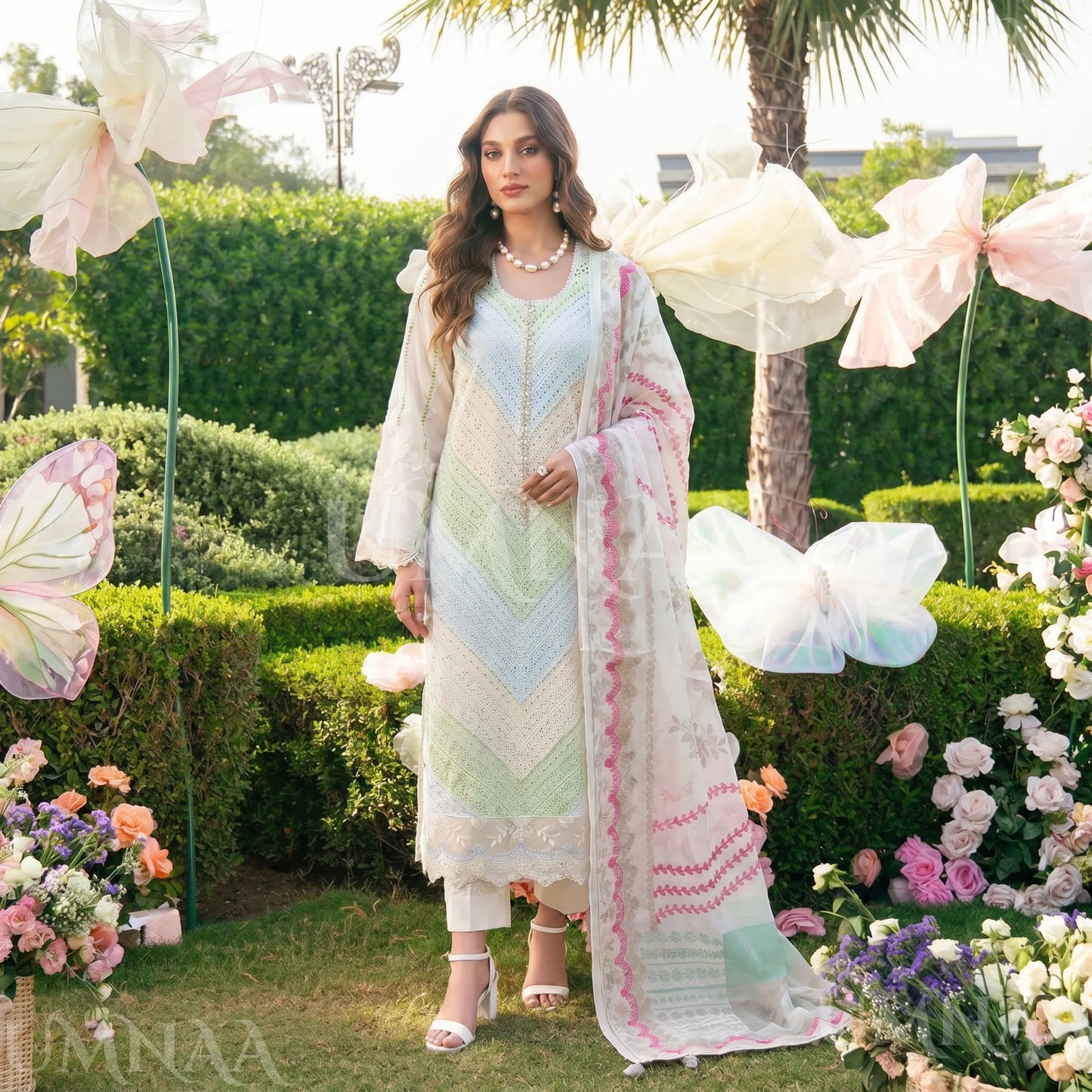 UA-208 Embroidered Chikenkari Cambric Cotton Pastel Festive Collection by Umnaa - Ready to Wear Pakistani Asian clothes