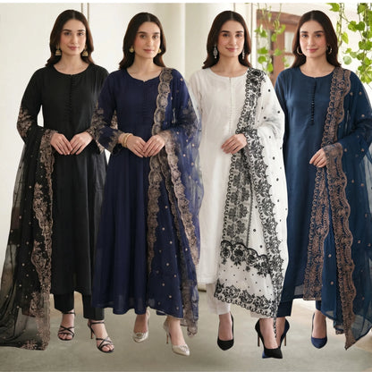 Embroidered Linen Long Frock Dress with Heavy Embroidered Chiffon Dupatta (UMNAA)