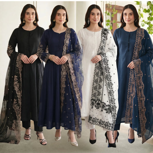 Embroidered Linen Long Frock Dress with Heavy Embroidered Chiffon Dupatta (UMNAA)