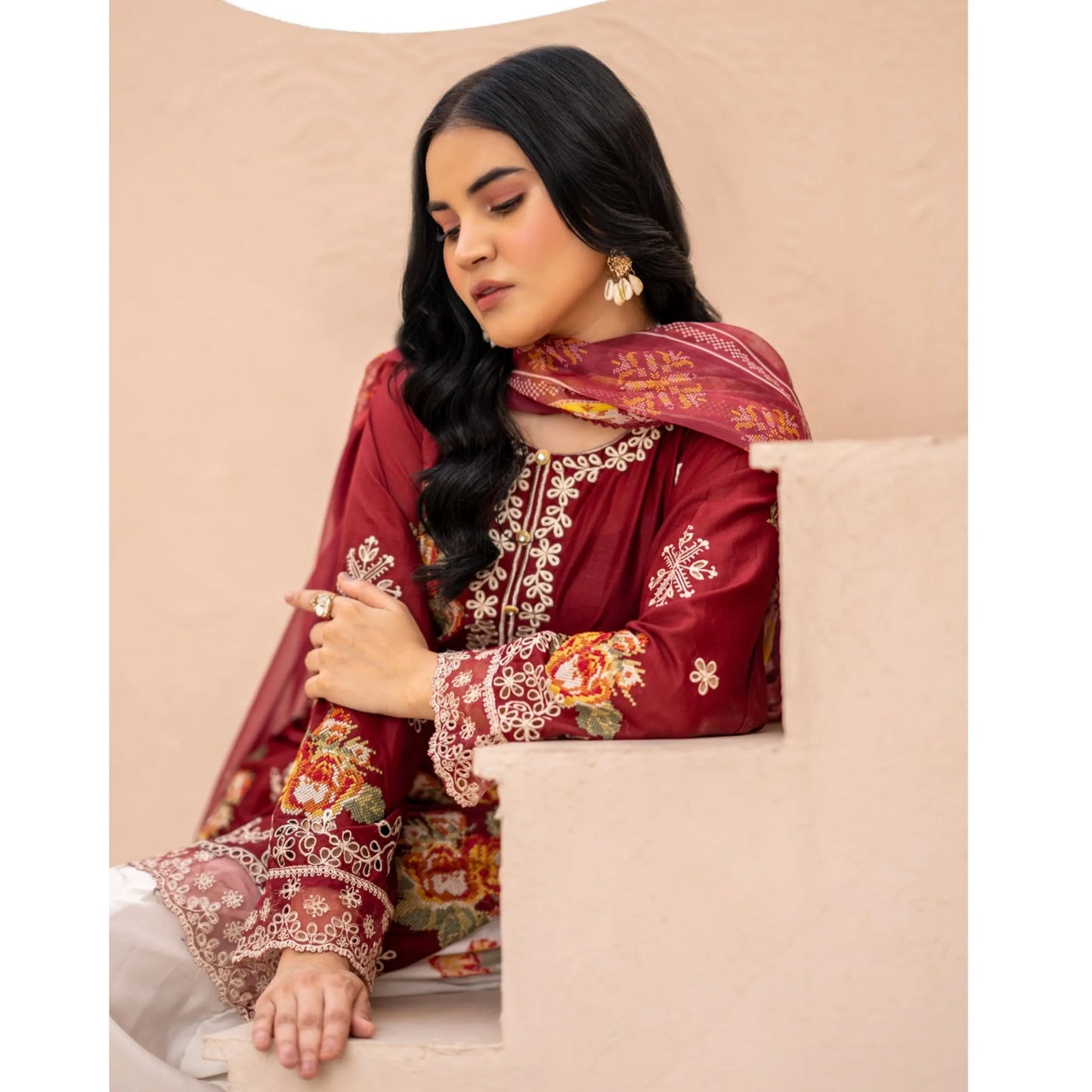 UMRZ-62 "Crimsons" by Rangz Embroidered Cotton with poly Lawn Sharara Festive collection| Ready to Wear Pakistani Asian clothes