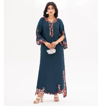 RA-32 MIDNIGHT BLOSSOM Embroidered Raw Silk Long Kaftan Style 2 Piece | Elegant Women's Festive & Formal Wear