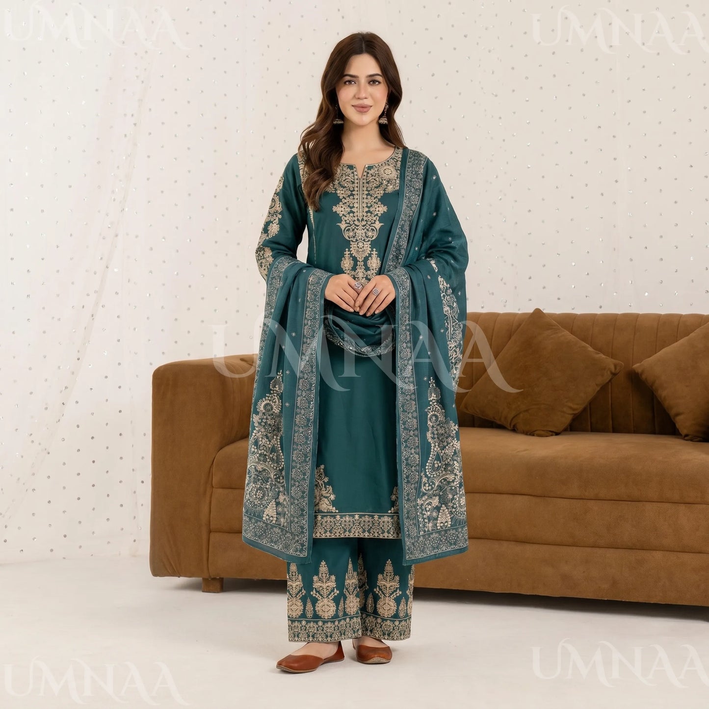 UA-222 Embroidered Cotton Ready to Wear Collection Pakistani Asian Women | 3 Piece Shirt Trouser Duppata by Umnaa