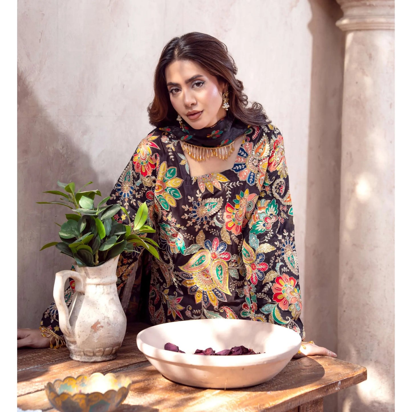 UA-225 Trendy Indian Armani Silk 3 Piece Suit by Umnaa | Embroidered Kameez with Shamoos Silk Shararah & Apple Silk Dupatta | Festive & Party Wear