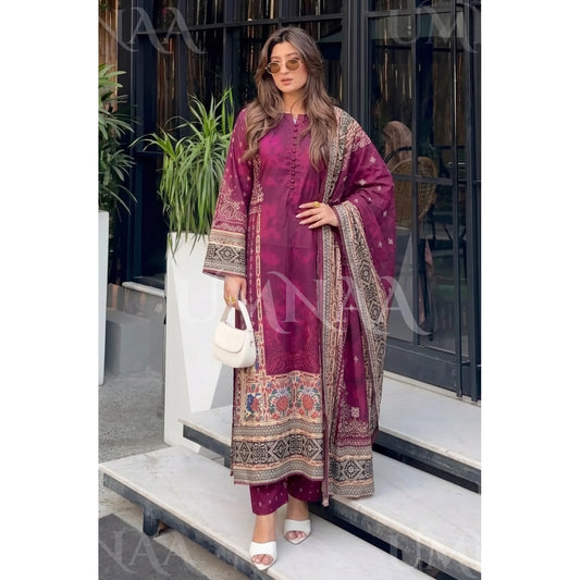 UA-228 Printed Lawn Long Kaftan Style 3 Piece Casual Summer Collection by Umnaa