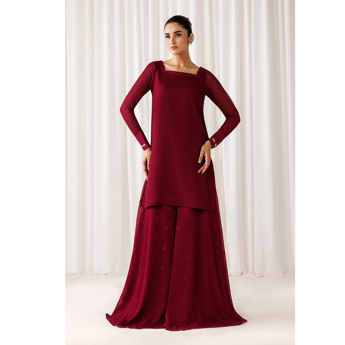 UA-230 Chiffon Sharara Full Sleeves Lined 3 Piece Suit | Chiffon Shirt with Embroidered Sharara & Dupatta | Formal Party Wear