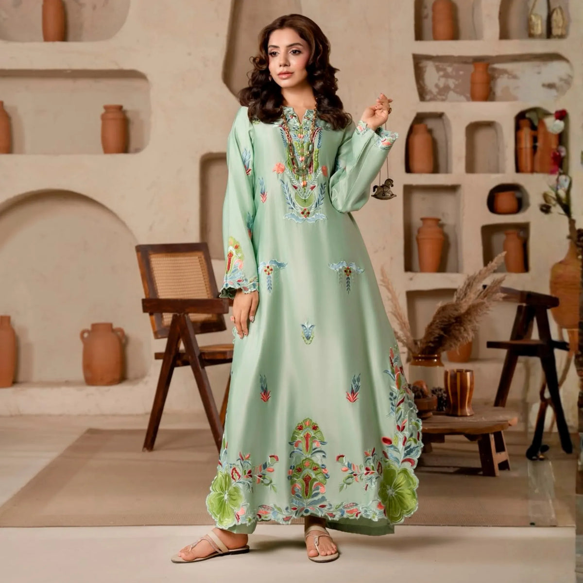 RA-40 Embroidered Silk kaftan 2 Pc - Raniya.h - Light Sea Green